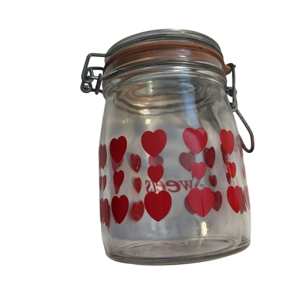 Glass Sweets Jar Vintage Heart‎ Pattern Red Bale Wire Lid 5.5in